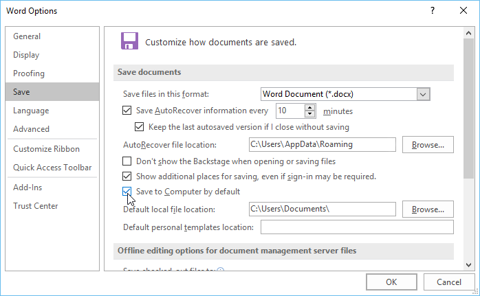 Default save location dialog